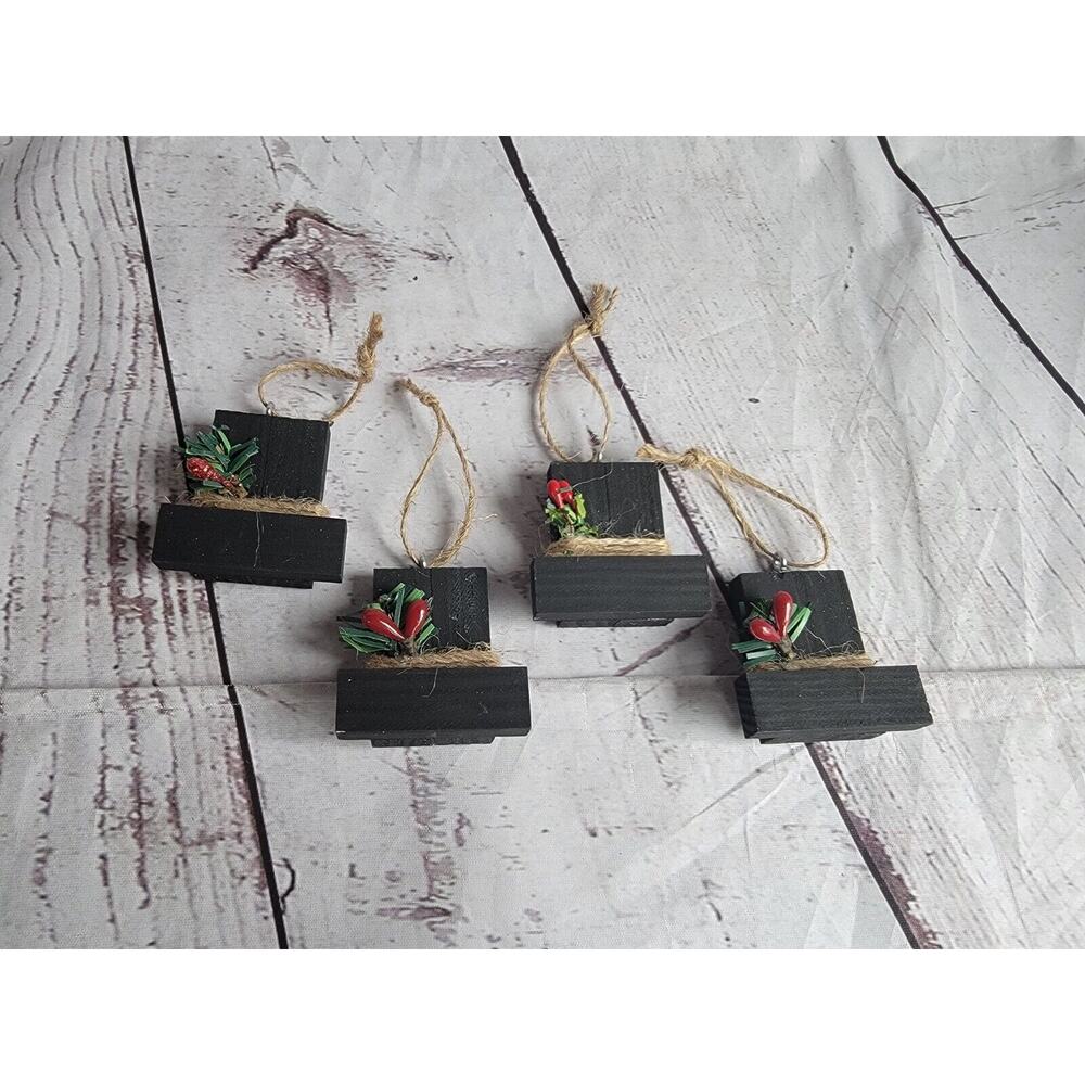Snowman Hat Ornaments Wooden Tree Decorations Handmade New Set 4